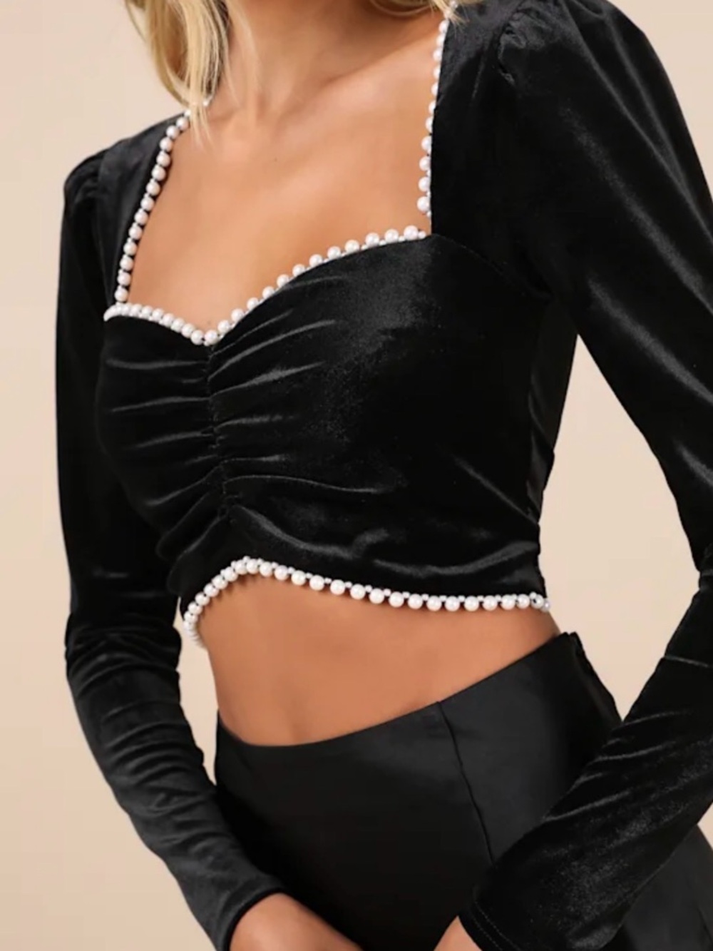 Lulus Black Velvet Pearl Trim Crop Top Long Sleeve NWT Size M Party